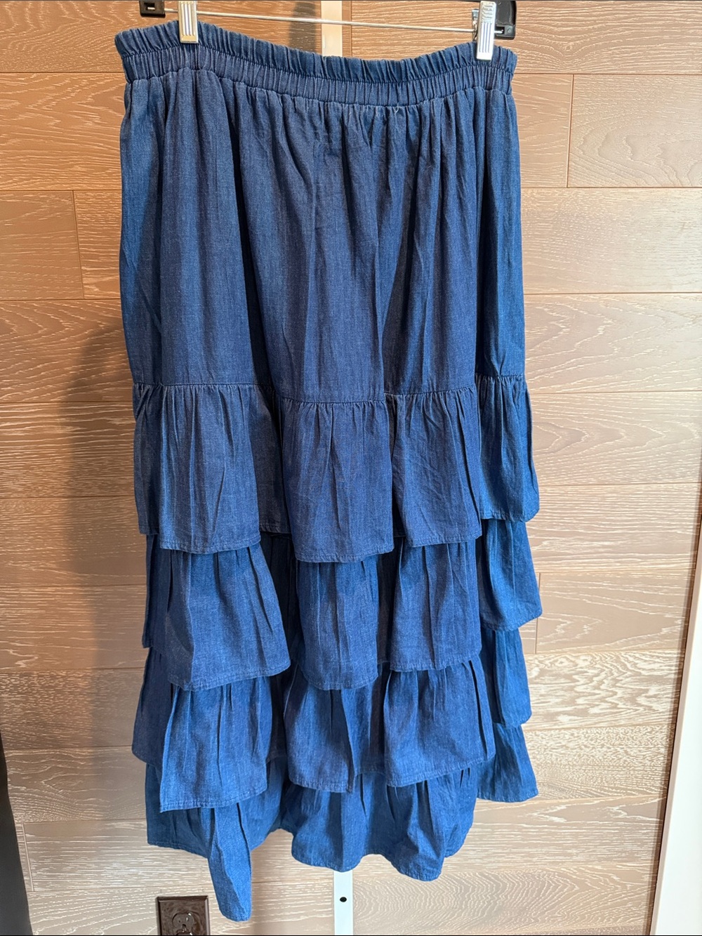 Denim Tiered Ruffle Maxi Skirt